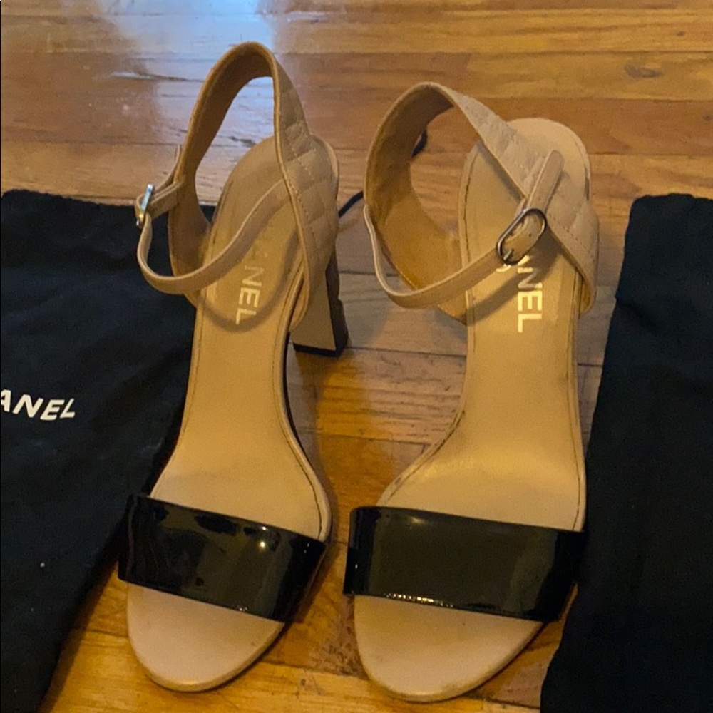 Chanel Two-Tone Beige and Black Block Heel Sandals